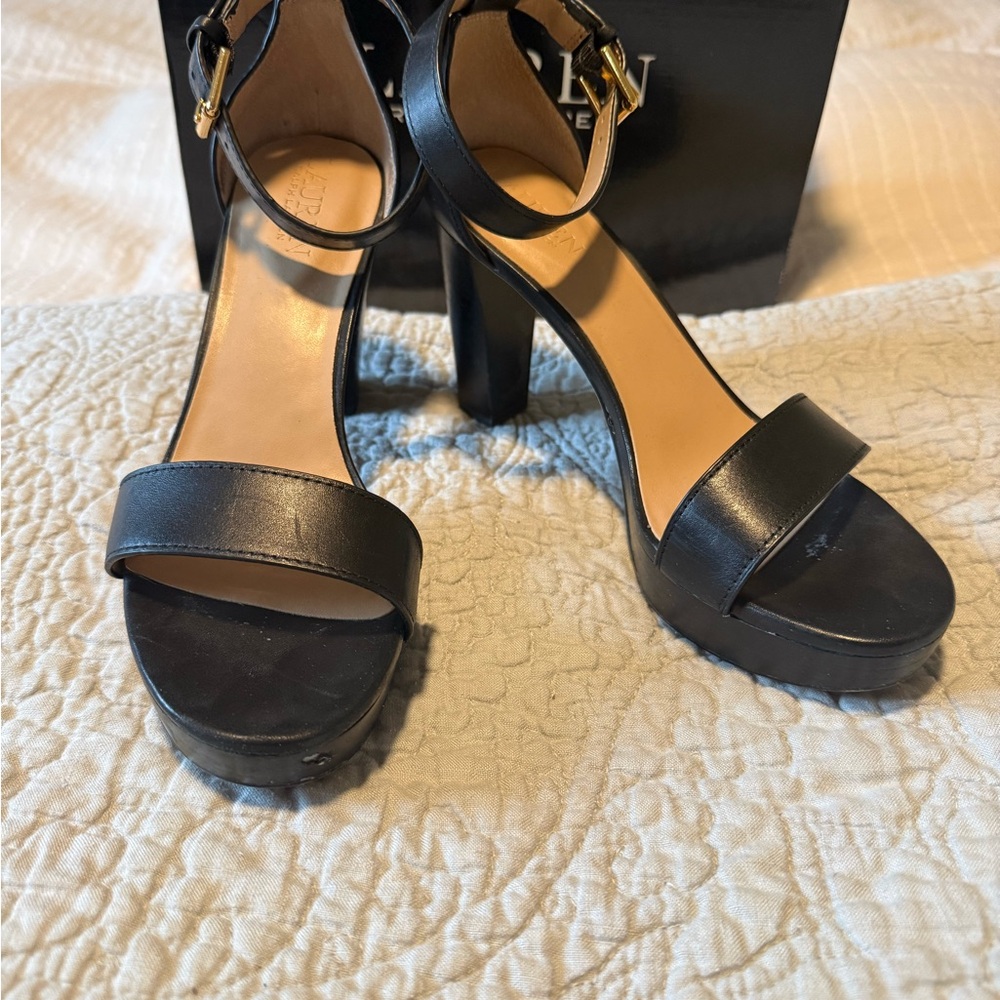 Ralph Lauren Women’s Black Sylvia Leather Platform Heel Sandals